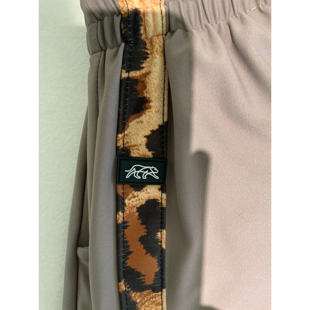 Tiger Friday Wide Leg Track Pants – Taupe w/ Red & Leopard Side Stripe - Picture 2 of 4